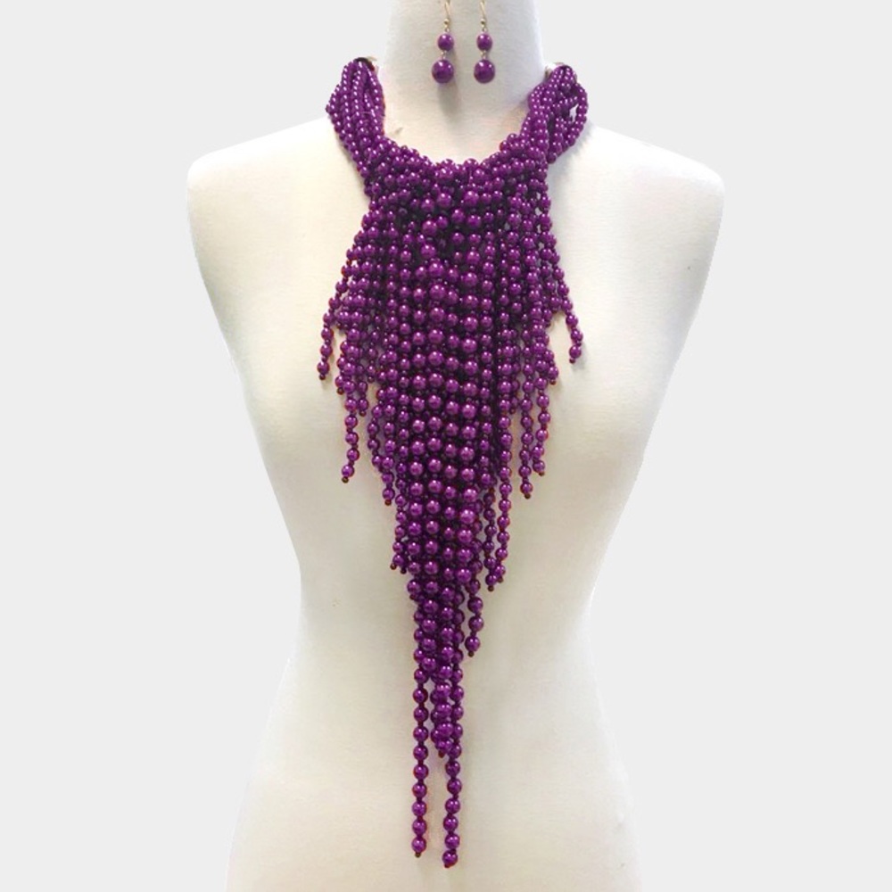 Purple Multi strand pearl necklace set